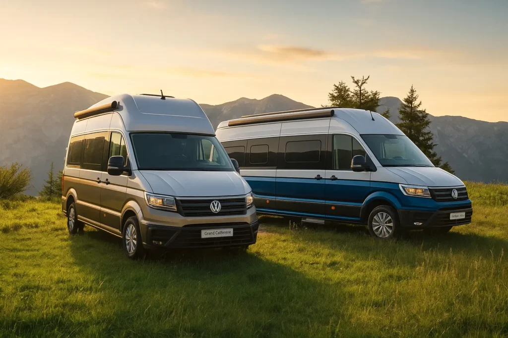 노을 진 해변 초지에 서 있는 폭스바겐 그랜드 캘리포니아 600과 680 외관, 하이루프와 어닝 라인이 선명하게 보이는 장면